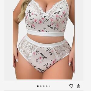 Floral Lace Bralette and Panty Set - White and Pink